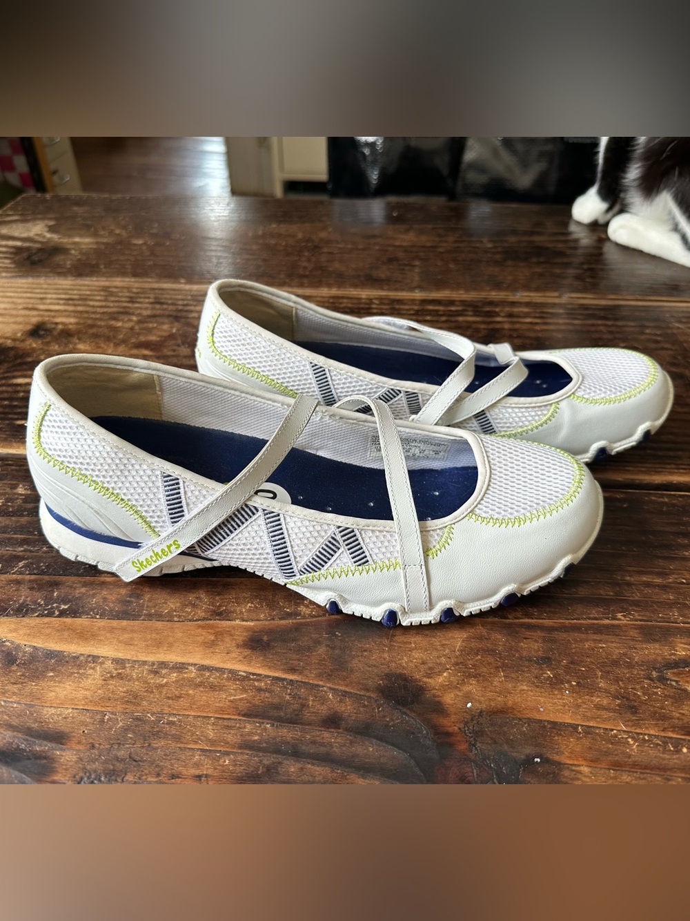 Skechers Mary Jane Sporty White Flats with Lime Stitching velcro straps ballet